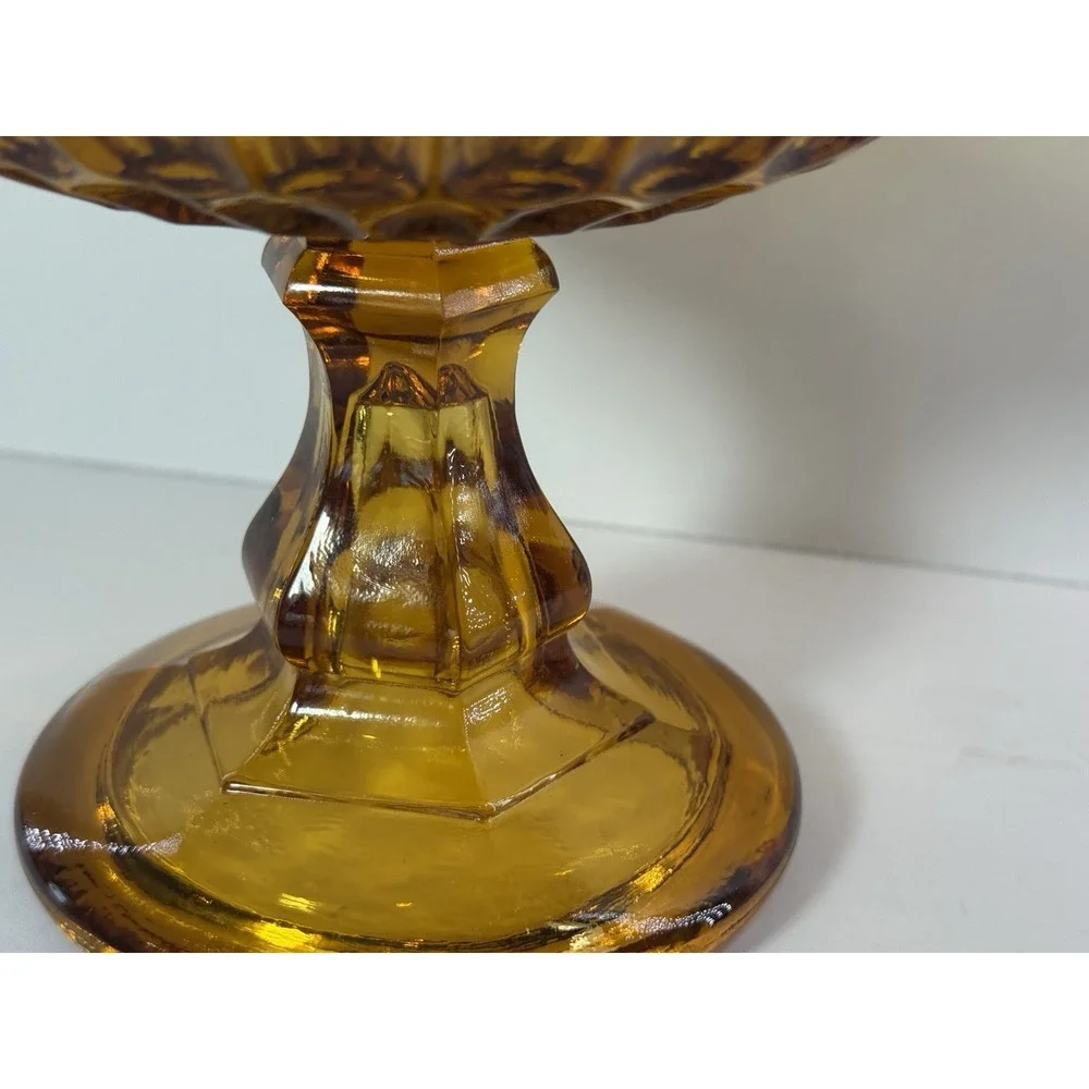 Vintage Amber Glass Thumbprint Pedestal Compote Bowl Scalloped Centerpiece Dish